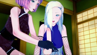 Ино и Sakura 3D секс втроем с счастливчиком