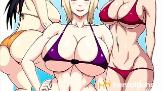 Naruto Trío en la playa con Tsunade, Hinata y Sakura
