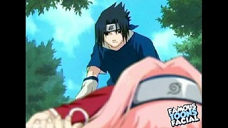 Naruto und Sasuke ficken Sakura in ihrem Arschloch im Wald