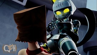 Robo-Fortune fode um humano com um saco de papel na cabeça