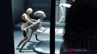 Scopata lesbica aliena nel laboratorio di fantascienza. Android femminile gioca con un alieno