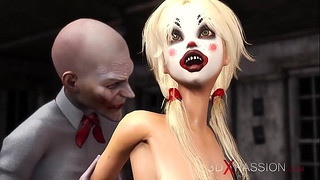 Joker knallt harter Kern eine süße sexy Blondine in einer Clown-Maske im verlassenen Zimmer