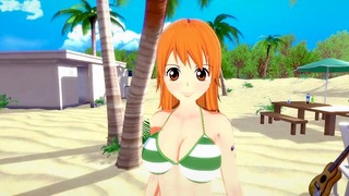 Nami from One Piece gets her redhead pussy banged on the beach in POV