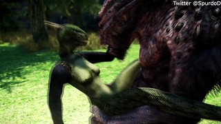 Argonian and Troll – Wild couple gets to the action in outdoor fuck in Skyrim hentai porn