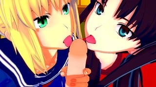 Fate Stay Night Rin and Saber Decided to Share One Cock in a Hot Threesome