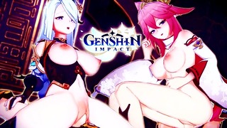 Шираками - грудастая красотка скачет на большом члене в Genshin Impact hentai порно