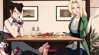 Tenten et Tsunade - Footjob parfait à la table du dîner à Naruto hentai porno