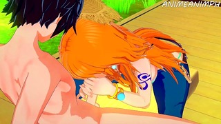 One Piece Hentai: Намі смокче великий член Луффі, поки сперма не потрапляє в рот