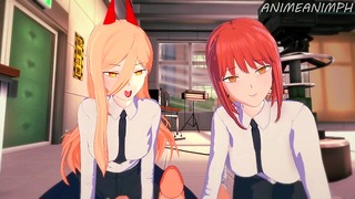 Denji трахает Makima и Power одновременно до кремового пирога - Чувак с бензопилой anime Hentai 3d
