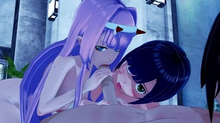 Zero Two Và Ichigo Threesome Thổi Kèn Doggy Trong Phòng Tắm Bên Ngoài Charming Franxx 3D Hentai