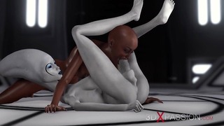 3D エイリアン ディックガールが宇宙ステーションで熱い黒人女性とセックス