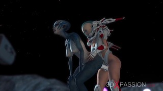Sexo extraterrestre. Mujer espacial en traje espacial juega con un extraterrestre en el exoplaneta