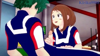 Ochako Uraraka keményen játszik Izuku Midoriya péniszével a raktárban. – My Hero Academia Hentai