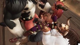 Dos toros monstruosos fueron follados por una niña pobre en un barco World Warcraft
