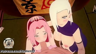 Naruto 3D Hentai: Kunoichi Sluts Ino & Sakura Thanking Their Hero Naruto