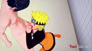 Naruto Yaoi - Naruto & Sasuke hebben seks in het toilet van de school en komen klaar in zijn mond en kont. Anale creampie zonder condoom 1/2