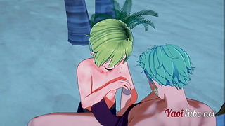 One Piece Yaoi – Zoro X Sanji Punheta e Boquete na praia – Anime Manga homossexual