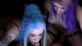 Two Girls With Brightly Colored Hair Double Blowjob 3D Porn