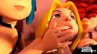 Sisters’ 3D Foursome Blowjob