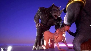 Muscle Bimbo Double Stuffed with Giant Horsecocks Anal